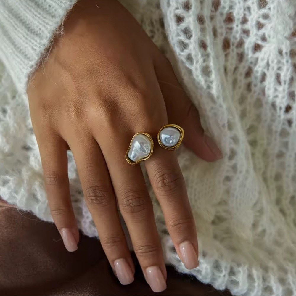 Luxury Gold Pearl Double Stone Ring – Stainless Steel Adjustable - Picture 2 of 8